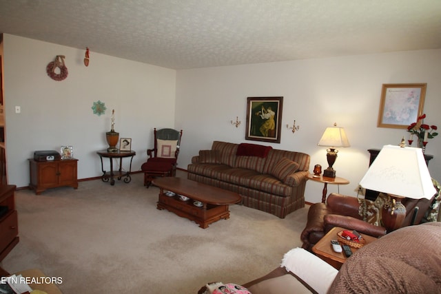 carpeted living area with a textured ceiling