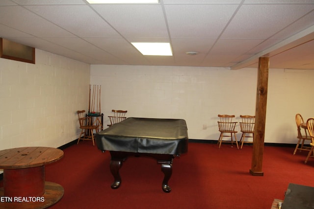 playroom featuring carpet flooring, concrete block wall, and billiards