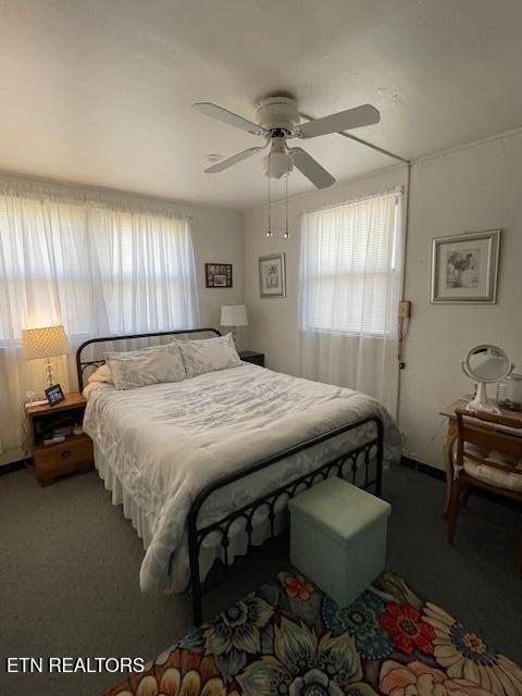 carpeted bedroom with a ceiling fan