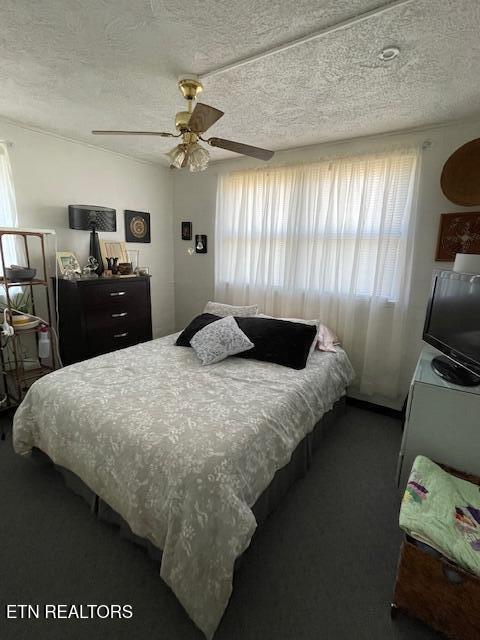 bedroom featuring carpet flooring, multiple windows, a textured ceiling, and a ceiling fan