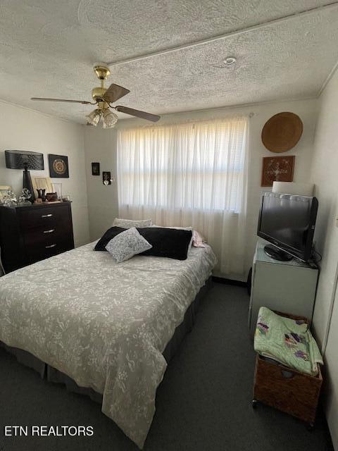 bedroom with multiple windows, a textured ceiling, carpet, and ceiling fan