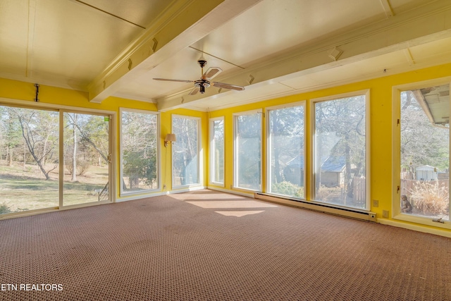 unfurnished sunroom with a baseboard radiator, beam ceiling, and ceiling fan