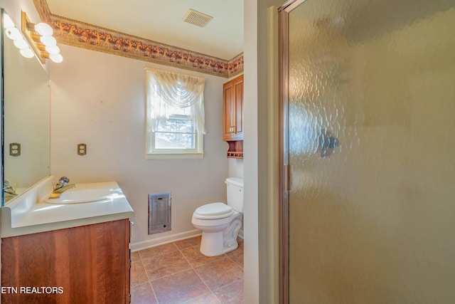 bathroom featuring tile patterned flooring, visible vents, toilet, a stall shower, and vanity