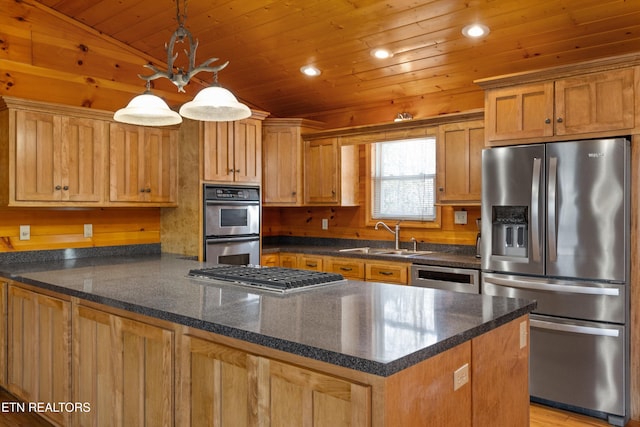 kitchen featuring a peninsula, recessed lighting, a sink, stainless steel appliances, and wooden ceiling