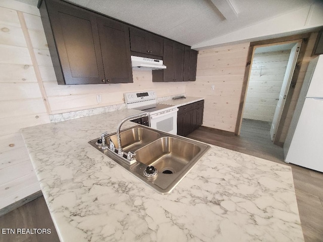 kitchen with under cabinet range hood, a sink, white appliances, dark brown cabinetry, and lofted ceiling