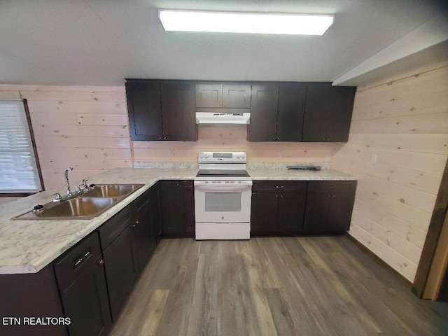 kitchen featuring wooden walls, under cabinet range hood, a peninsula, white range with electric stovetop, and a sink