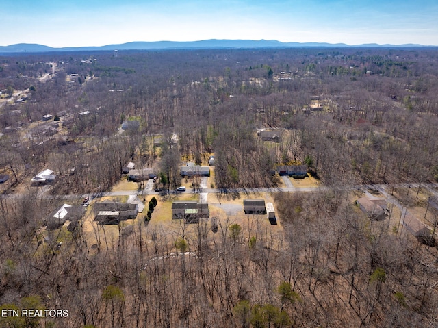 bird's eye view with a wooded view and a mountain view