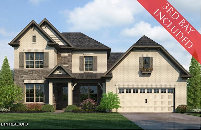 craftsman-style home with a standing seam roof, stone siding, concrete driveway, a front yard, and brick siding