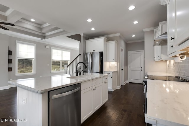 kitchen with a sink, appliances with stainless steel finishes, recessed lighting, and dark wood-style flooring