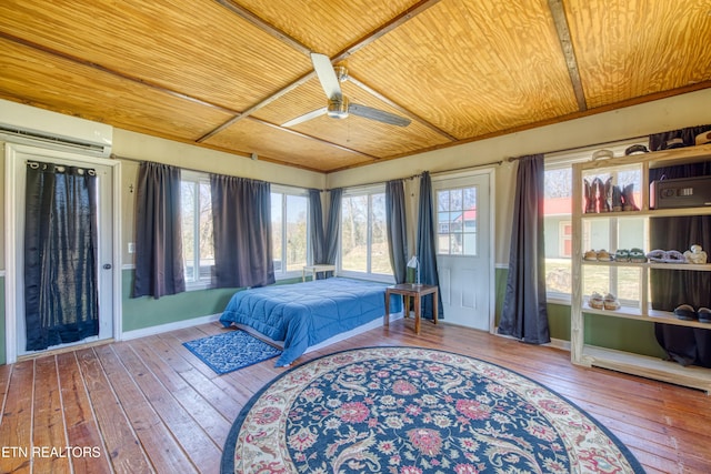 bedroom with hardwood / wood-style floors, multiple windows, and wood ceiling