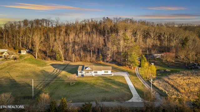 aerial view at dusk with a wooded view