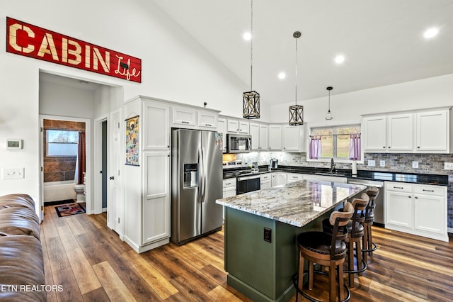 kitchen featuring decorative backsplash, a healthy amount of sunlight, dark wood-style flooring, and stainless steel appliances