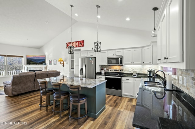 kitchen featuring dark wood-style flooring, a sink, open floor plan, appliances with stainless steel finishes, and tasteful backsplash