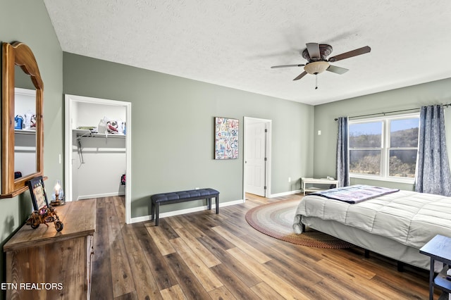 bedroom featuring wood finished floors, baseboards, a closet, a textured ceiling, and a walk in closet