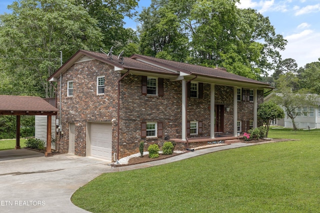 1301 Chert Pit Rd, Knoxville, TN 37923 - view of front of house featuring a front yard, concrete driveway, an attached garage, brick siding, and covered porch