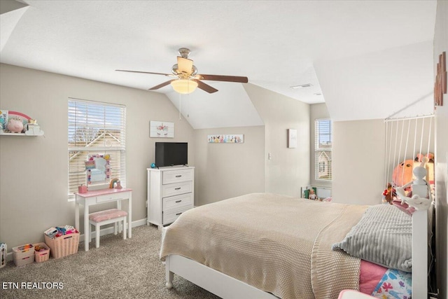 carpeted bedroom featuring ceiling fan and lofted ceiling