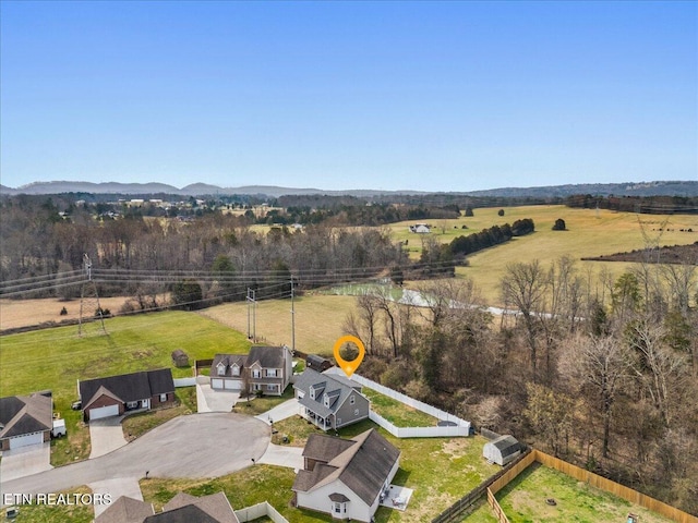 birds eye view of property featuring a rural view and a mountain view