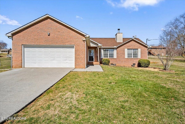 ranch-style home featuring aphalt driveway, a front lawn, brick siding, and a garage