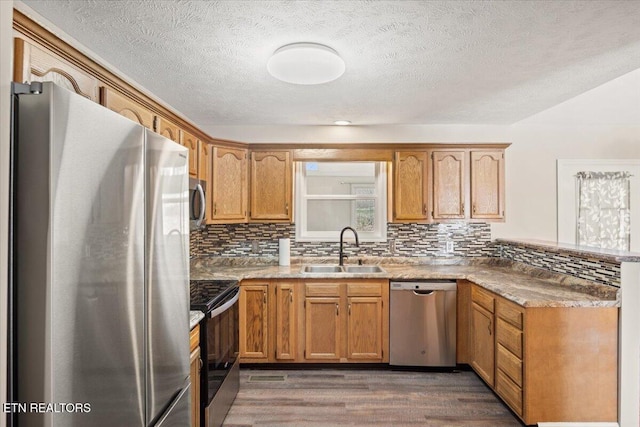 kitchen featuring a sink, tasteful backsplash, appliances with stainless steel finishes, and a peninsula