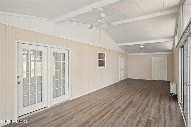 unfurnished sunroom with vaulted ceiling with beams, a wall mounted AC, and a ceiling fan