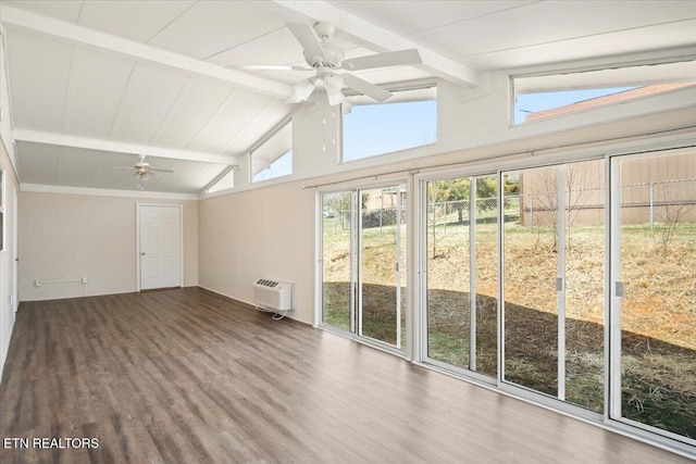 unfurnished sunroom featuring lofted ceiling with beams, a healthy amount of sunlight, and ceiling fan