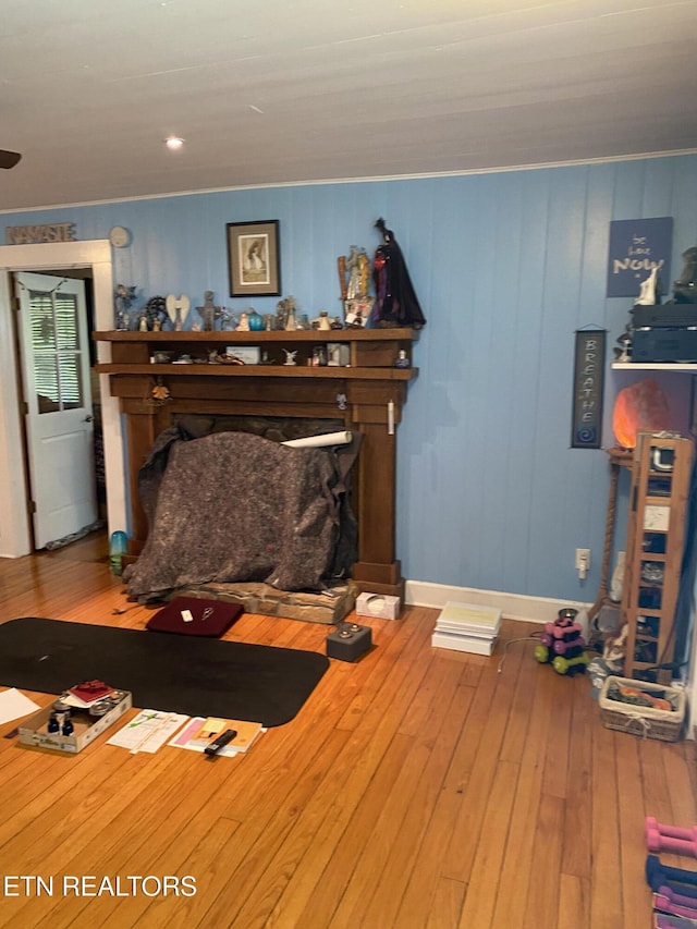 living area featuring hardwood / wood-style floors, a fireplace with raised hearth, and baseboards