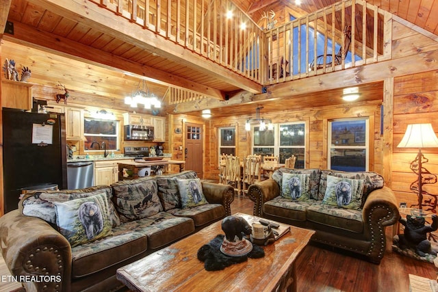 living room featuring a chandelier, wood walls, and wooden ceiling