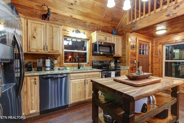 kitchen featuring a sink, wooden ceiling, wood walls, and stainless steel appliances