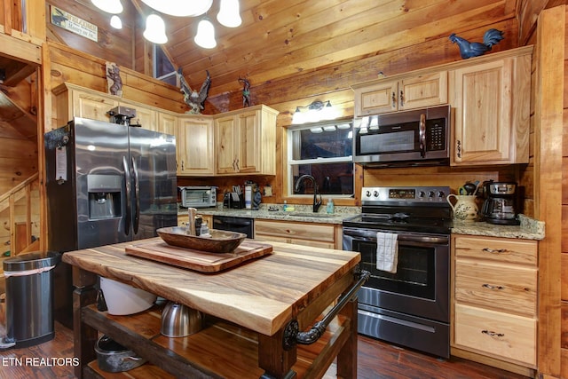 kitchen featuring light brown cabinetry, a sink, appliances with stainless steel finishes, wood walls, and vaulted ceiling