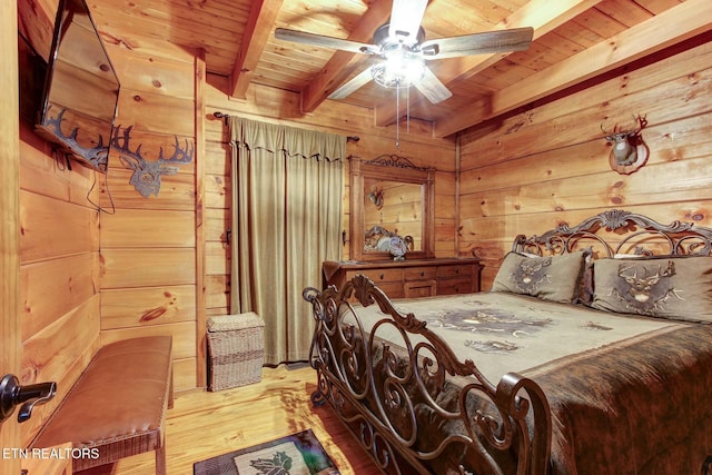 bedroom featuring hardwood / wood-style floors, wooden ceiling, wooden walls, and beamed ceiling