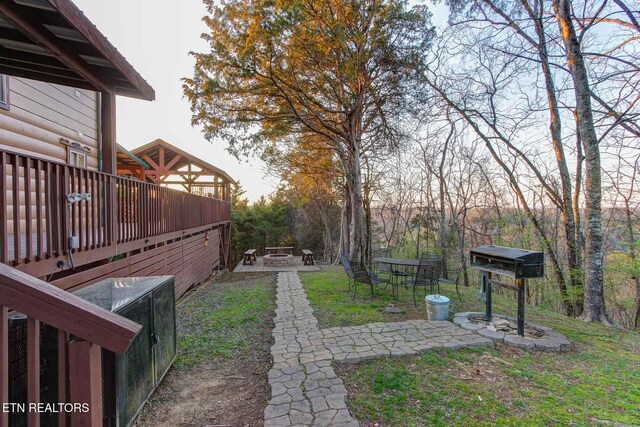 view of yard with a patio and an outdoor fire pit