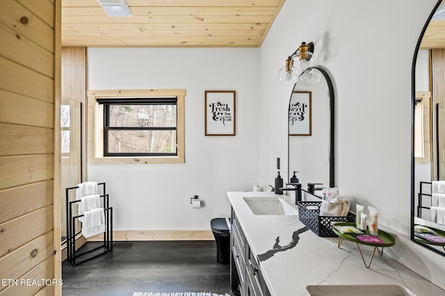 bathroom with vanity, wooden ceiling, toilet, and wood finished floors