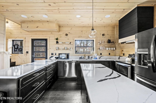 kitchen featuring dark cabinetry, open shelves, and stainless steel appliances