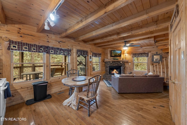 dining space featuring a fireplace, wood-type flooring, wood ceiling, and wood walls