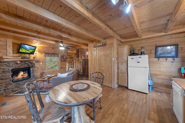 dining space with stairway, light wood finished floors, beam ceiling, a stone fireplace, and wood walls