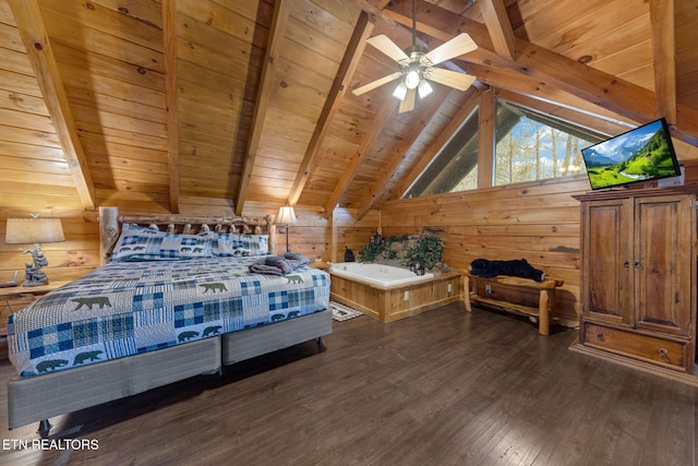 bedroom featuring wood ceiling, lofted ceiling with beams, wooden walls, and dark wood-style floors