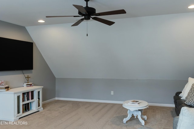 unfurnished room featuring baseboards, recessed lighting, ceiling fan, vaulted ceiling, and light carpet