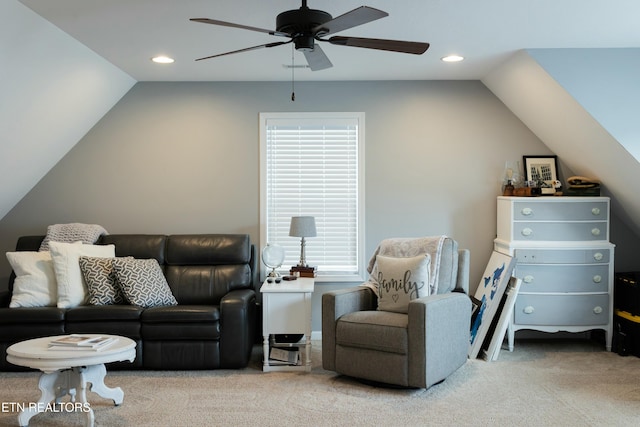 carpeted living room with recessed lighting, lofted ceiling, and ceiling fan