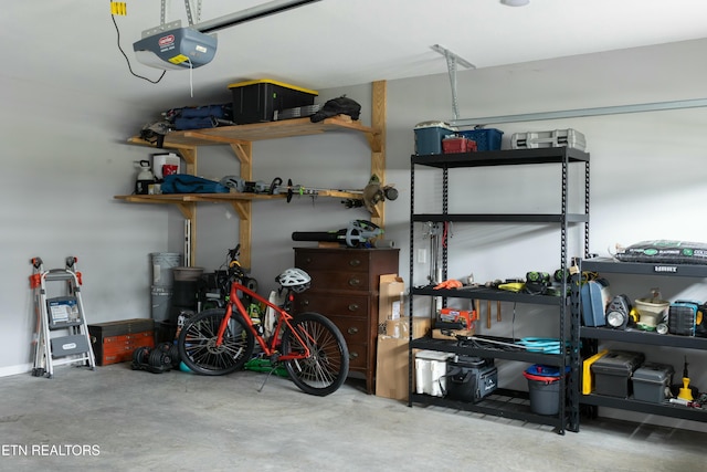 garage featuring a workshop area and a garage door opener