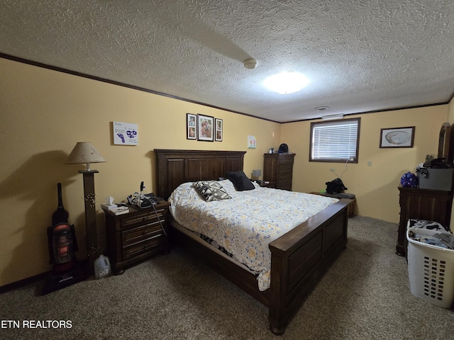 carpeted bedroom featuring a textured ceiling and crown molding