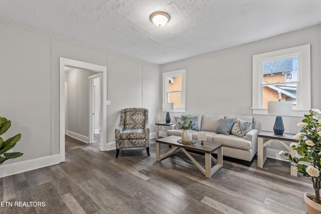 living area with a textured ceiling, baseboards, and dark wood-style flooring