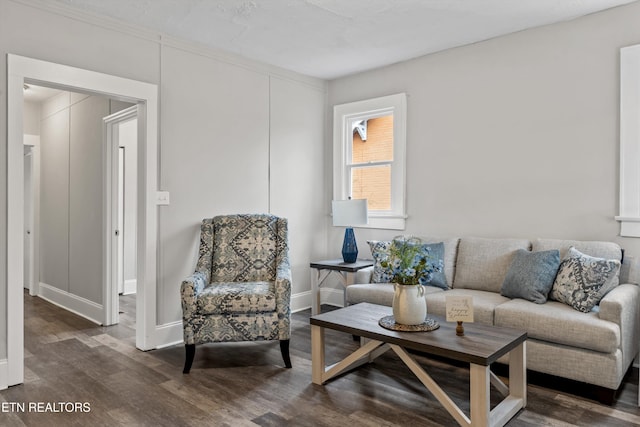 living room featuring dark wood-style floors and baseboards