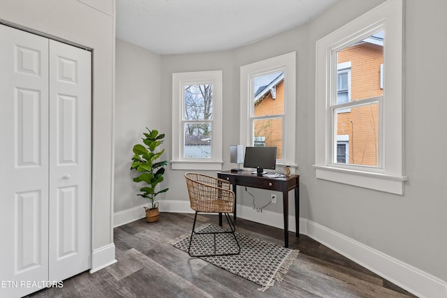 office space with baseboards and dark wood-style flooring