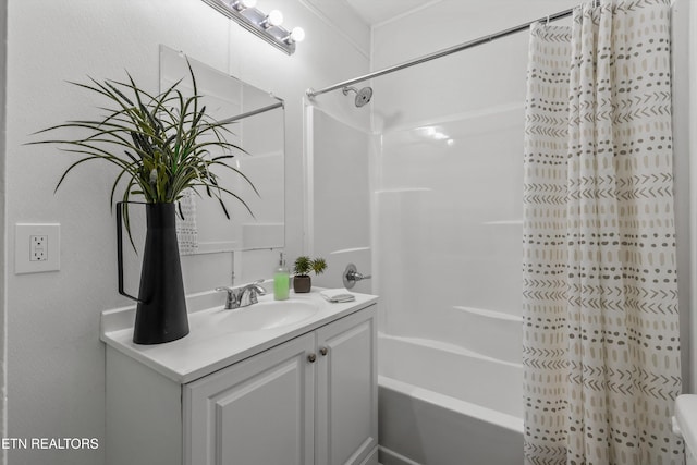 bathroom with vanity and shower / bathtub combination with curtain