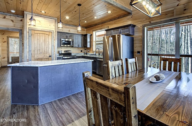 unfurnished dining area with a sink, wooden walls, wooden ceiling, and dark wood-style flooring