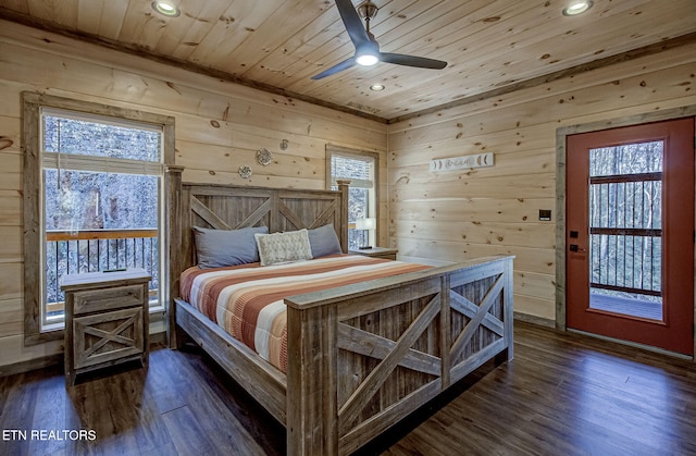 bedroom with dark wood finished floors, wood walls, and wood ceiling