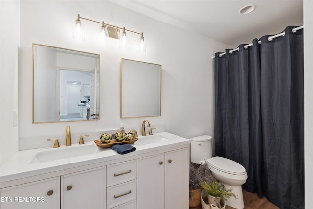 full bathroom with a sink, toilet, wood finished floors, and double vanity