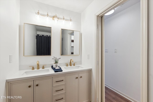 full bath featuring a sink, baseboards, wood finished floors, and double vanity