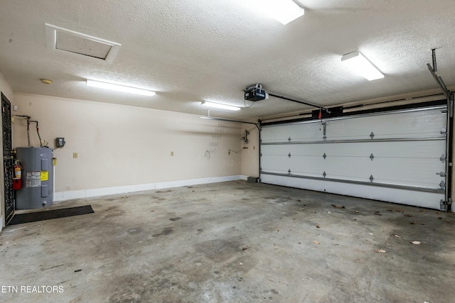 garage with baseboards, a garage door opener, and water heater