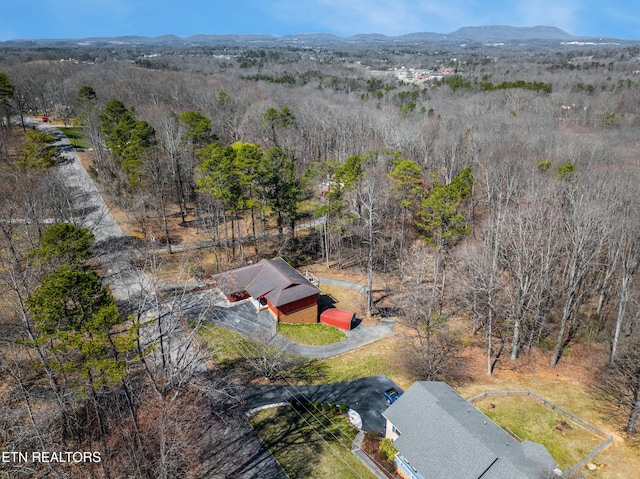 bird's eye view featuring a mountain view and a wooded view